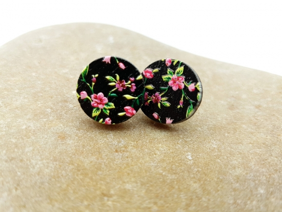 Preview: Blumen 3D Holz Scheiben Ohrstecker schwarz pink